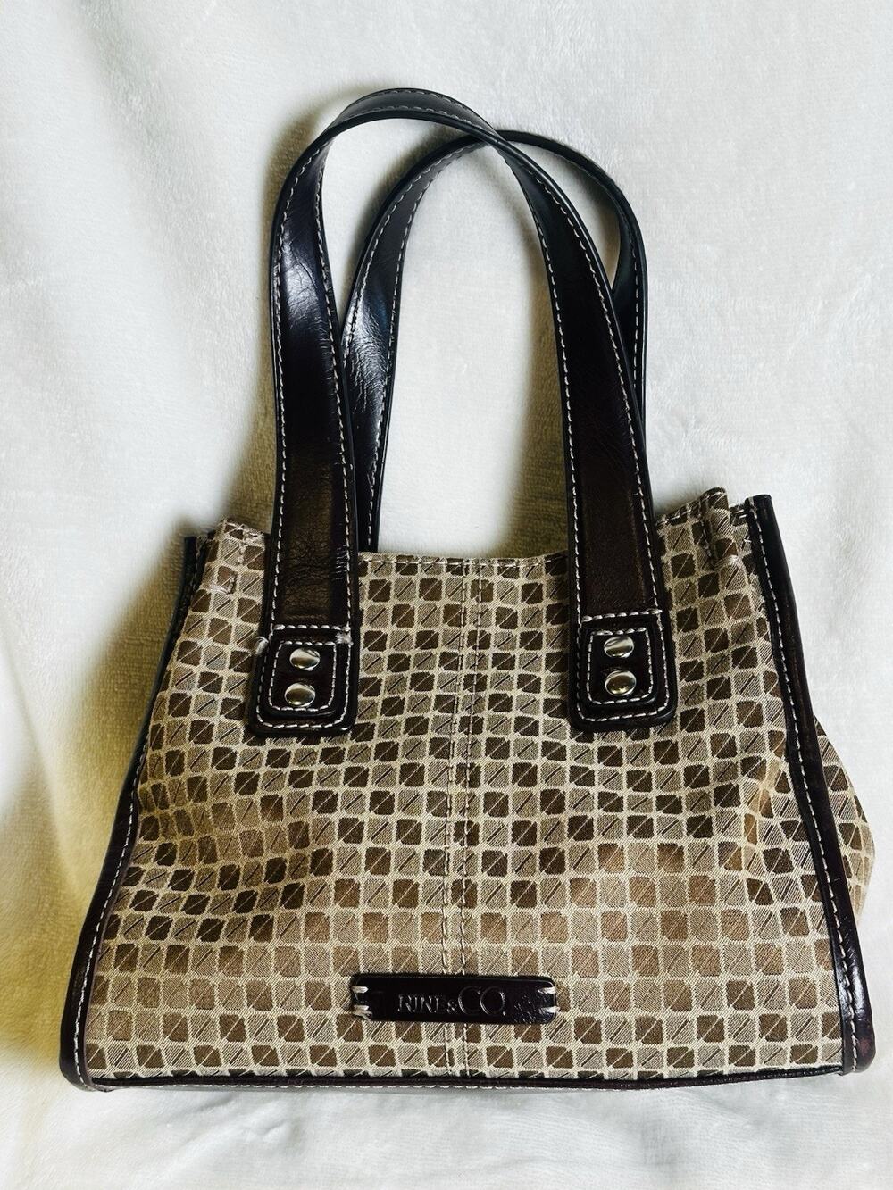 Nine & Co Mini Tote Bag Brown/Tan Geometric Square Pattern Faux Leather Trim Y2K